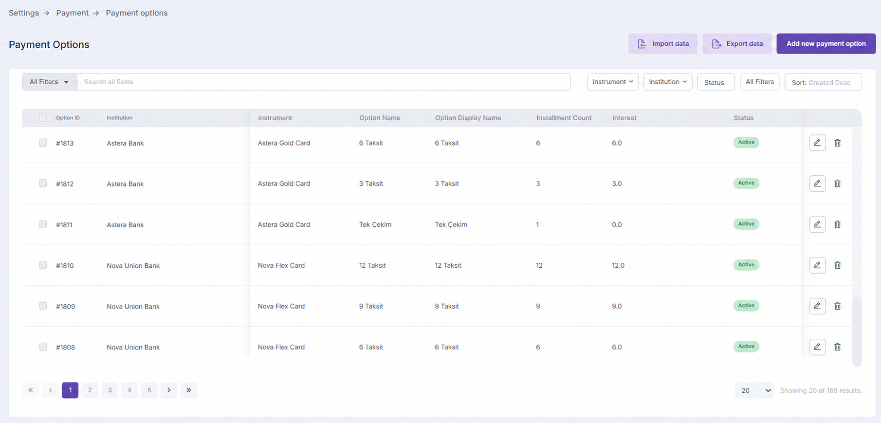 Lidia B2C Console payment options