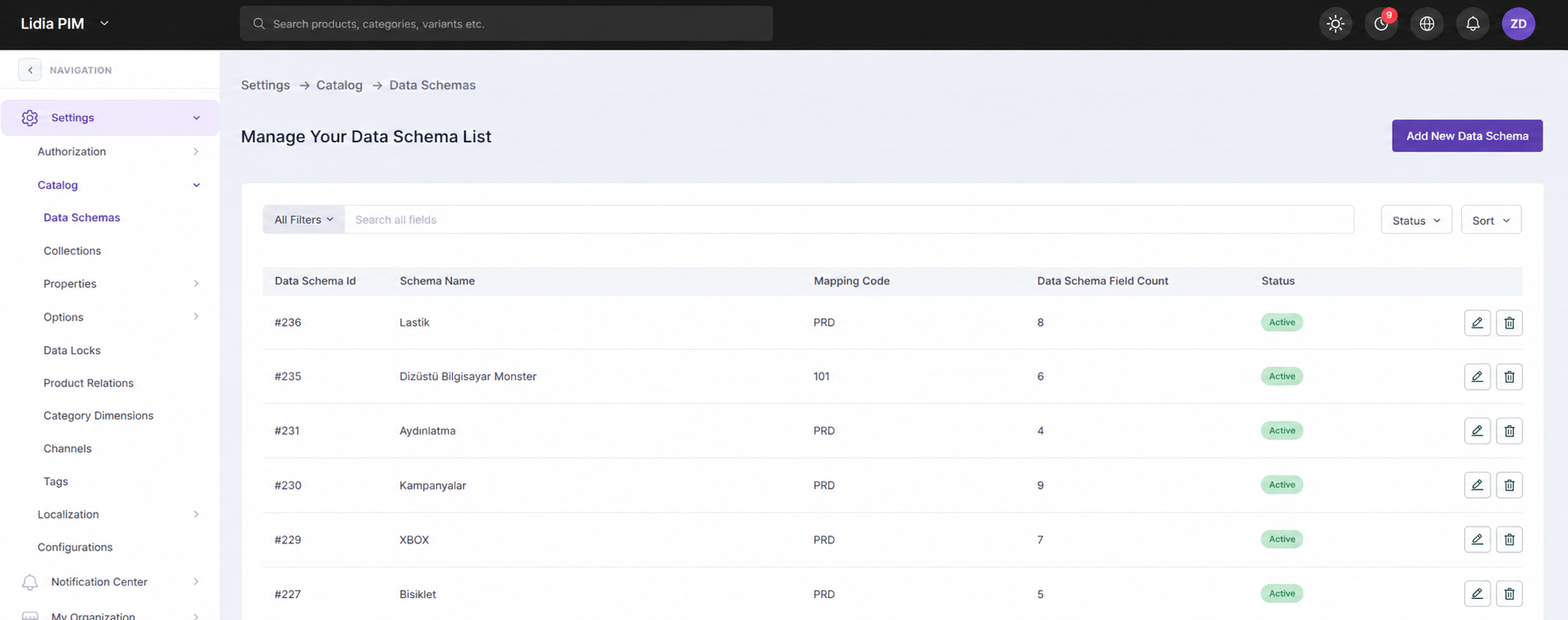 Lidia PIM Data Schema Management