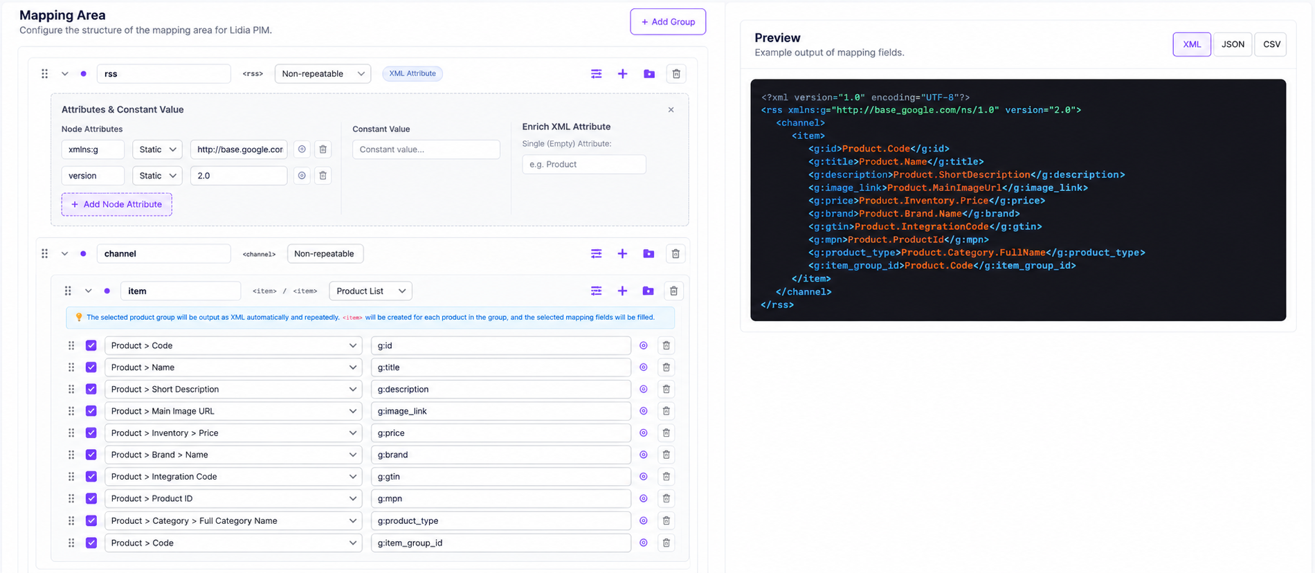 Google Shopping XML Mapping Panel