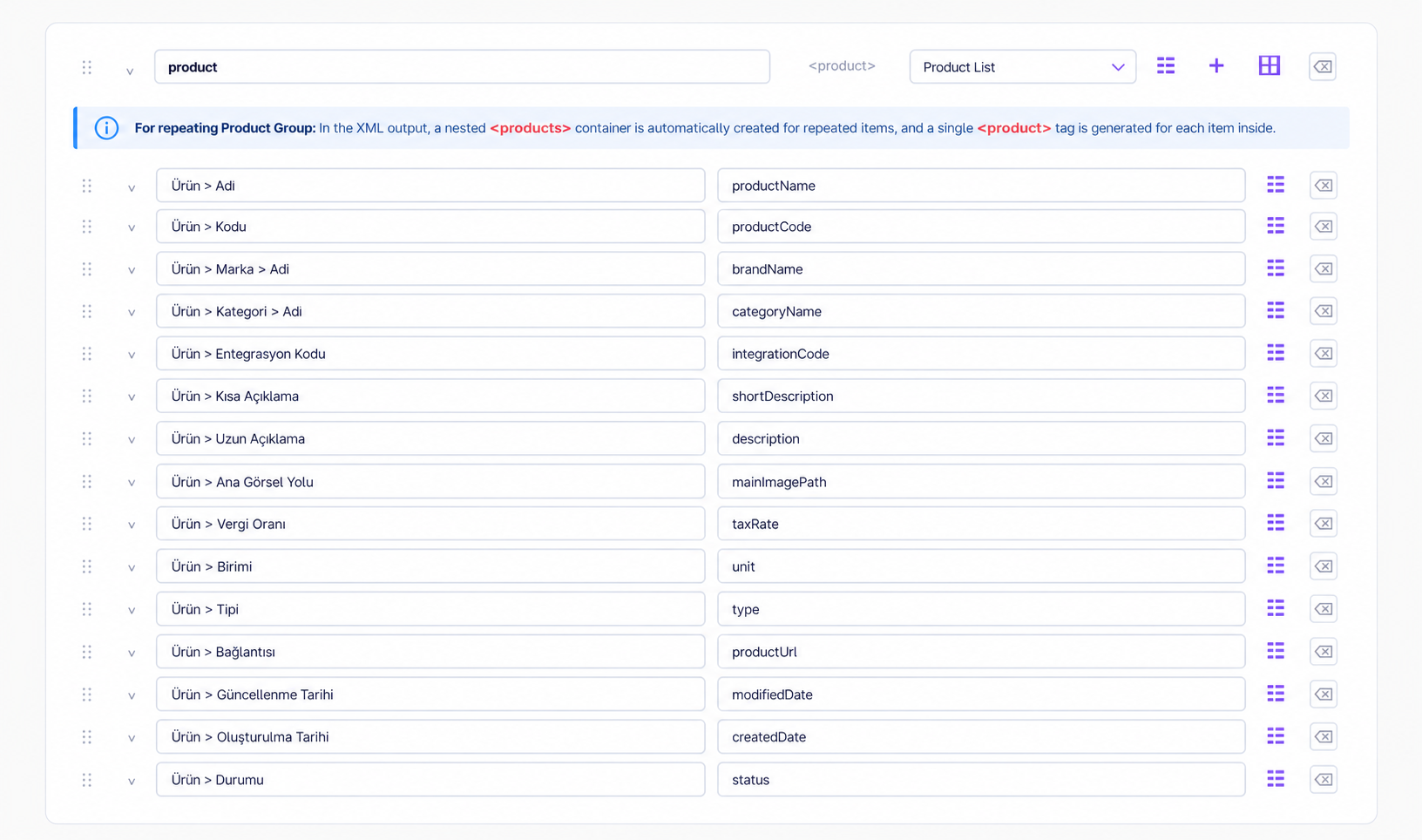 Product XML Field Mapping Panel