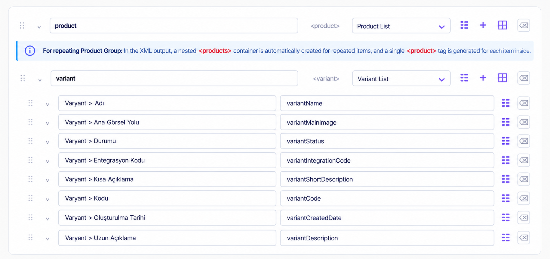 Product and Variant XML Mapping Panel