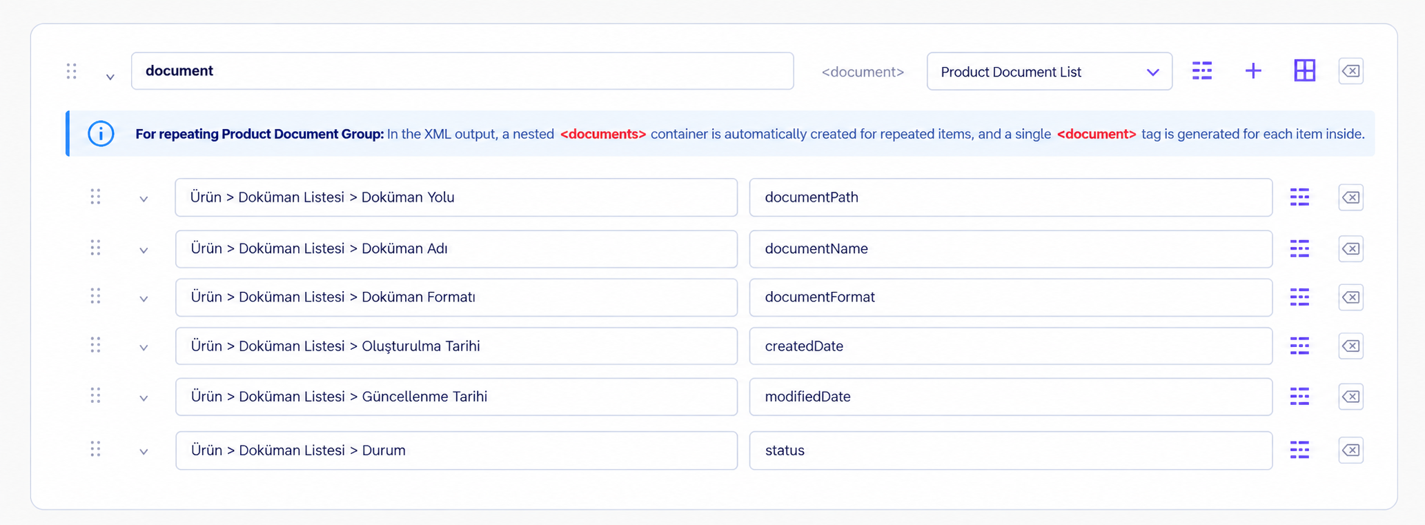 Product Document XML Mapping Panel