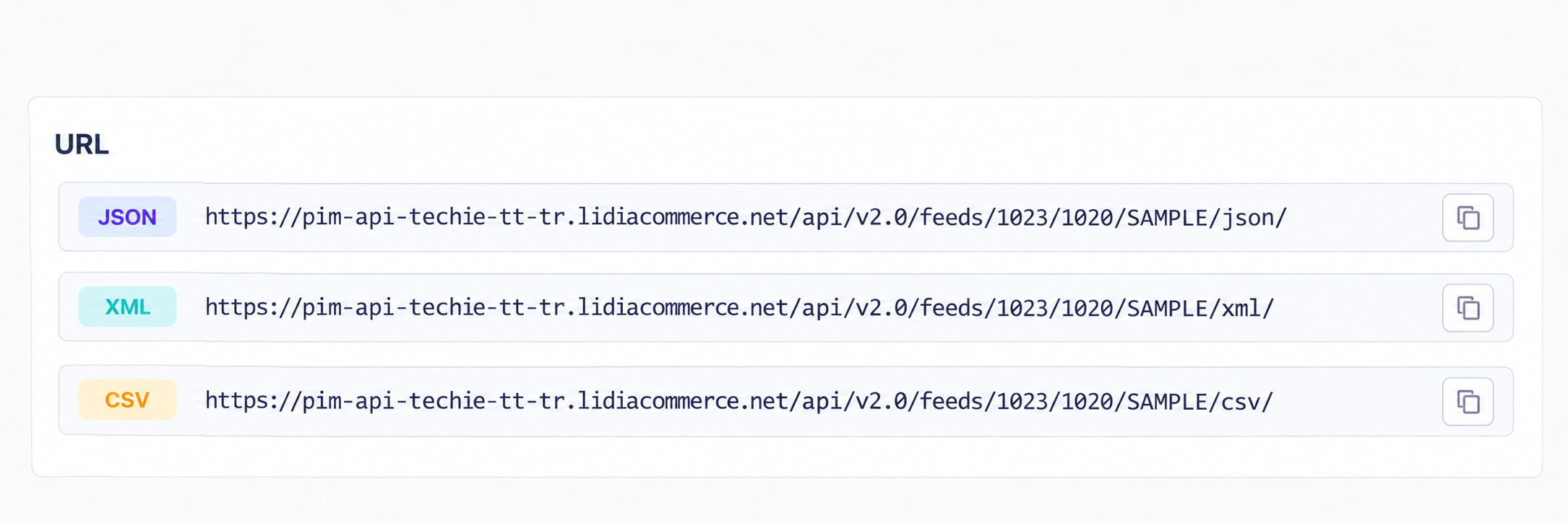 Feed URLs in JSON XML and CSV Formats