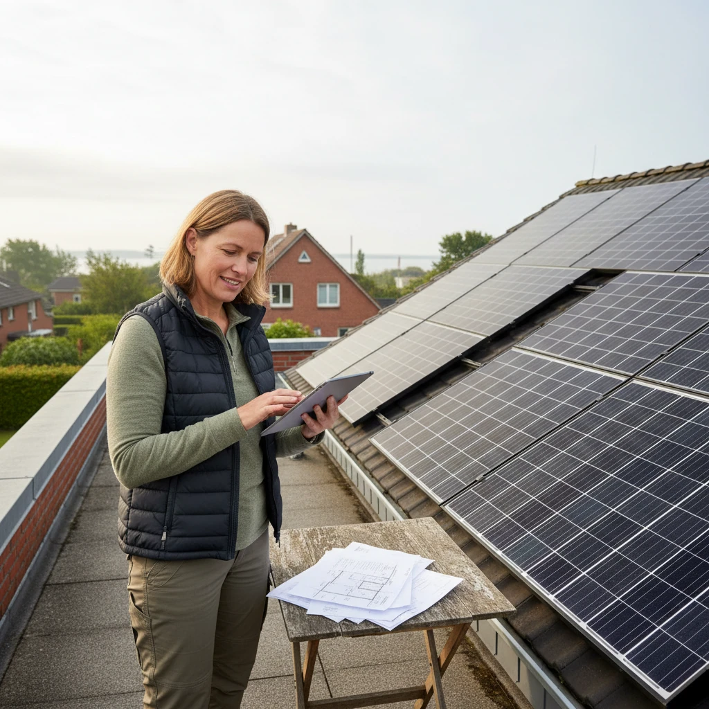 Hausbesitzer auf dem Dach prüft Einspeisedaten seiner Solaranlage