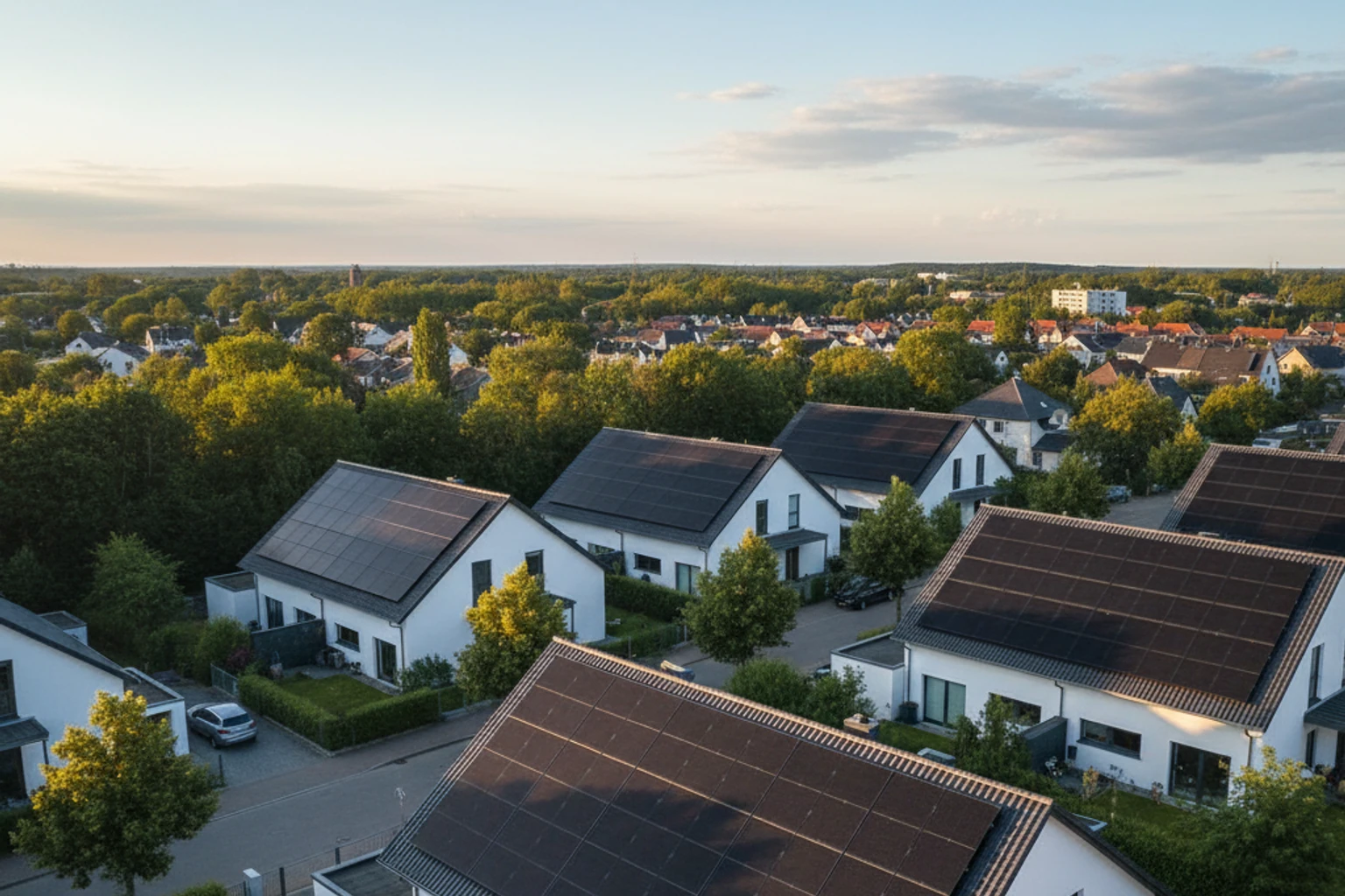 Luftaufnahme eines Einfamilienhauses in Rostock mit Full-Black Solarmodulen auf dem Dach bei warmem Morgenlicht