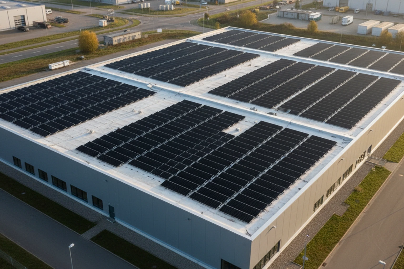 PV-Großanlage auf Industriedach mit Full-Black-Solarmodulen – Luftaufnahme einer gewerblichen Photovoltaikanlage ab 500 kWp