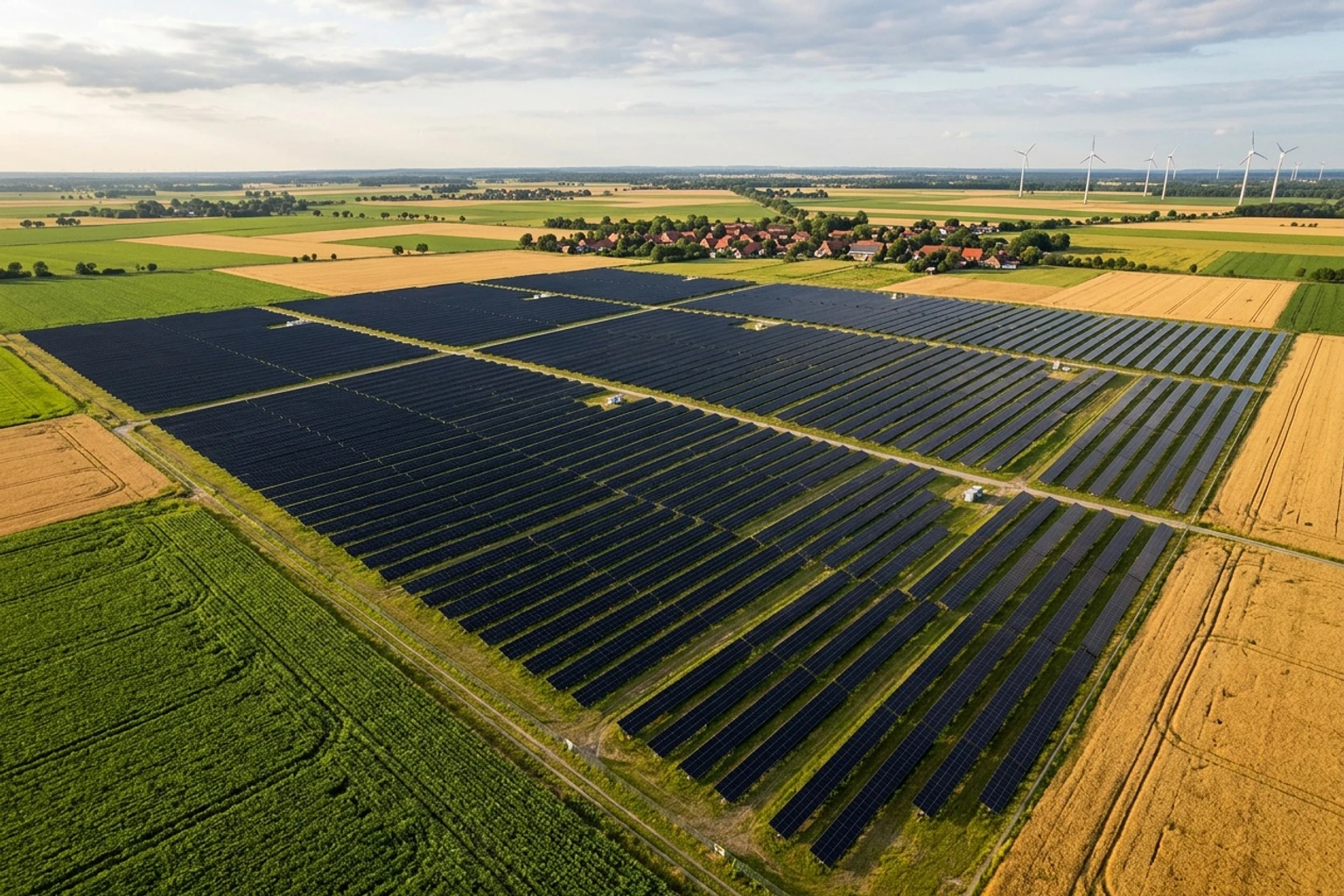 Luftaufnahme einer Freiflächen-Photovoltaikanlage in Norddeutschland mit Full-Black Solarmodulen auf grünen Feldern