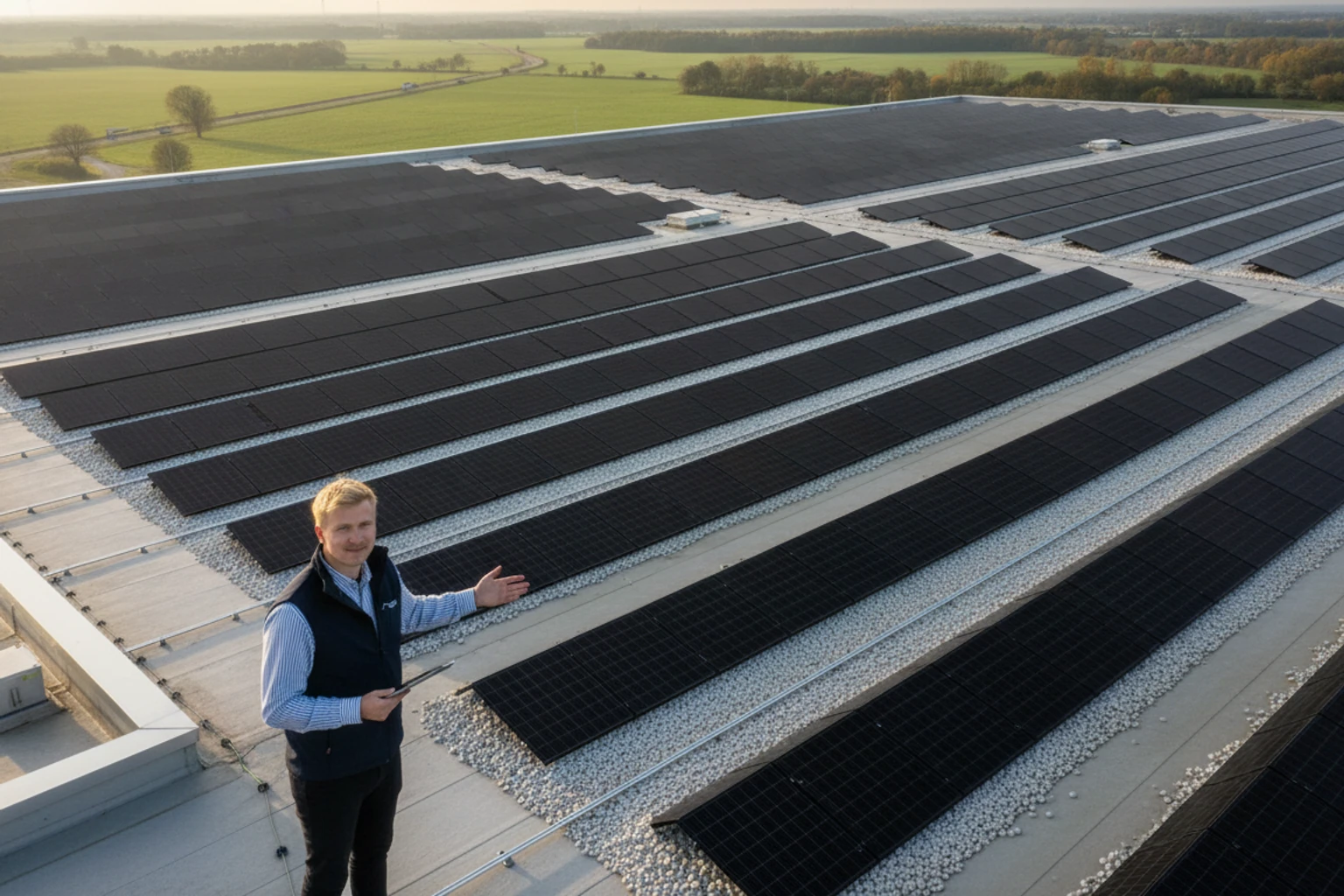 Full-Black PV-Anlage auf Gewerbedach in Norddeutschland – Luftaufnahme bei Morgenlicht