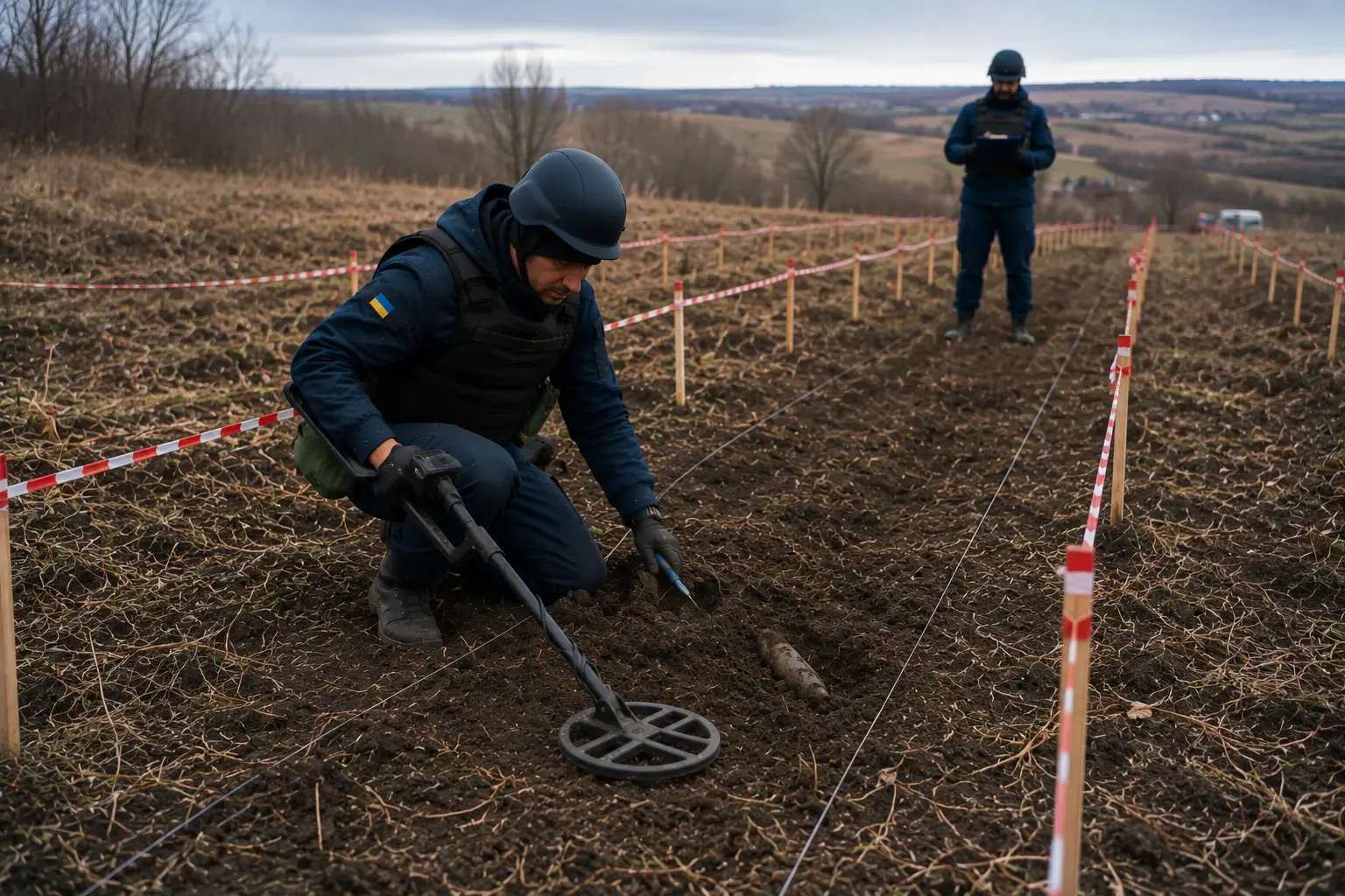 Сапер виконує ручне розмінування у позначеній робочій смузі