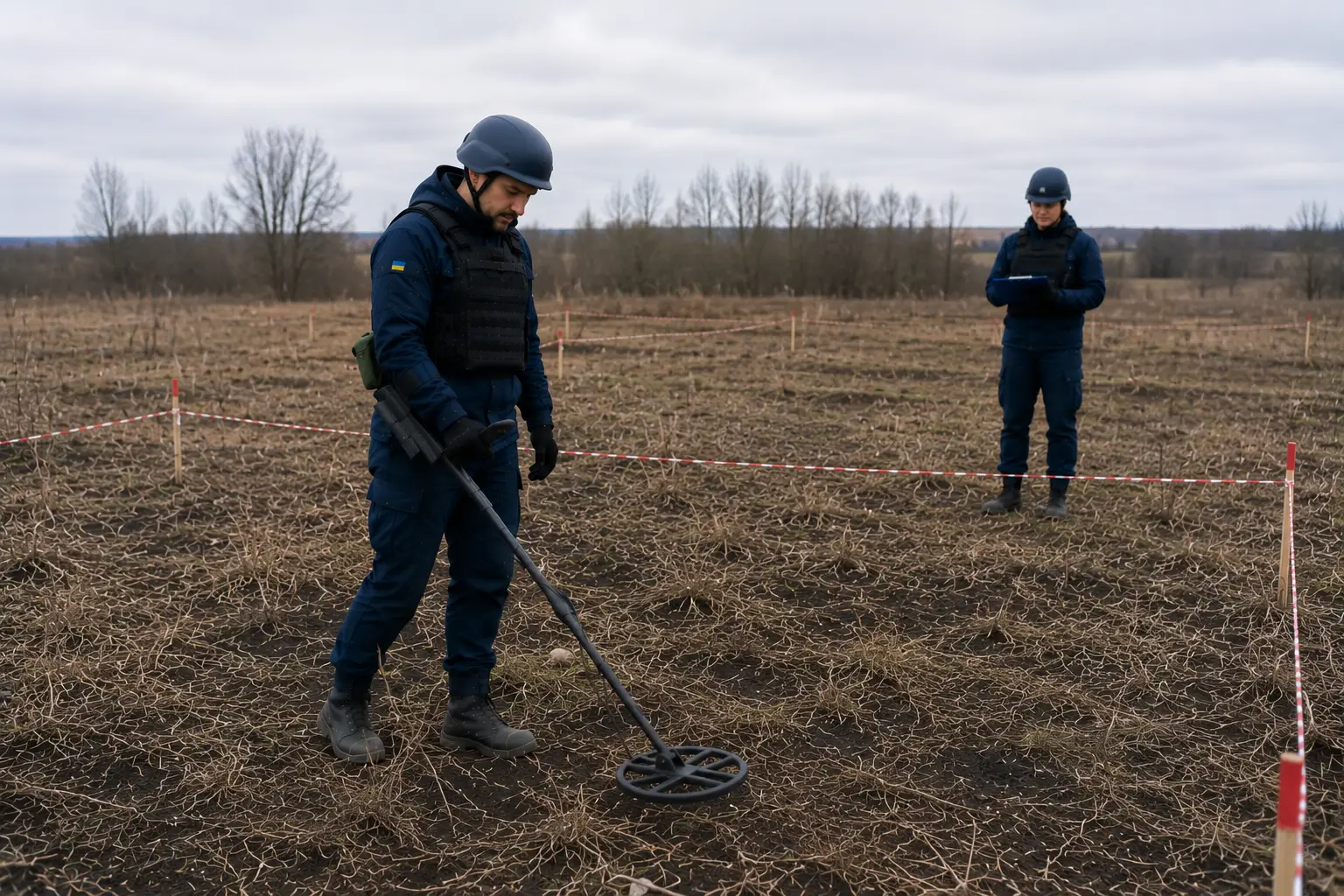 Сапери проводять технічне обстеження території за допомогою металошукача