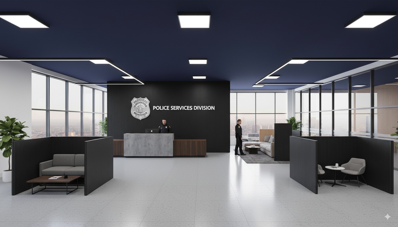 Modulaire akoestische wanden van Flexpanel creëren vertrouwelijke ruimtes binnen politiebureaus en rechtbanken.