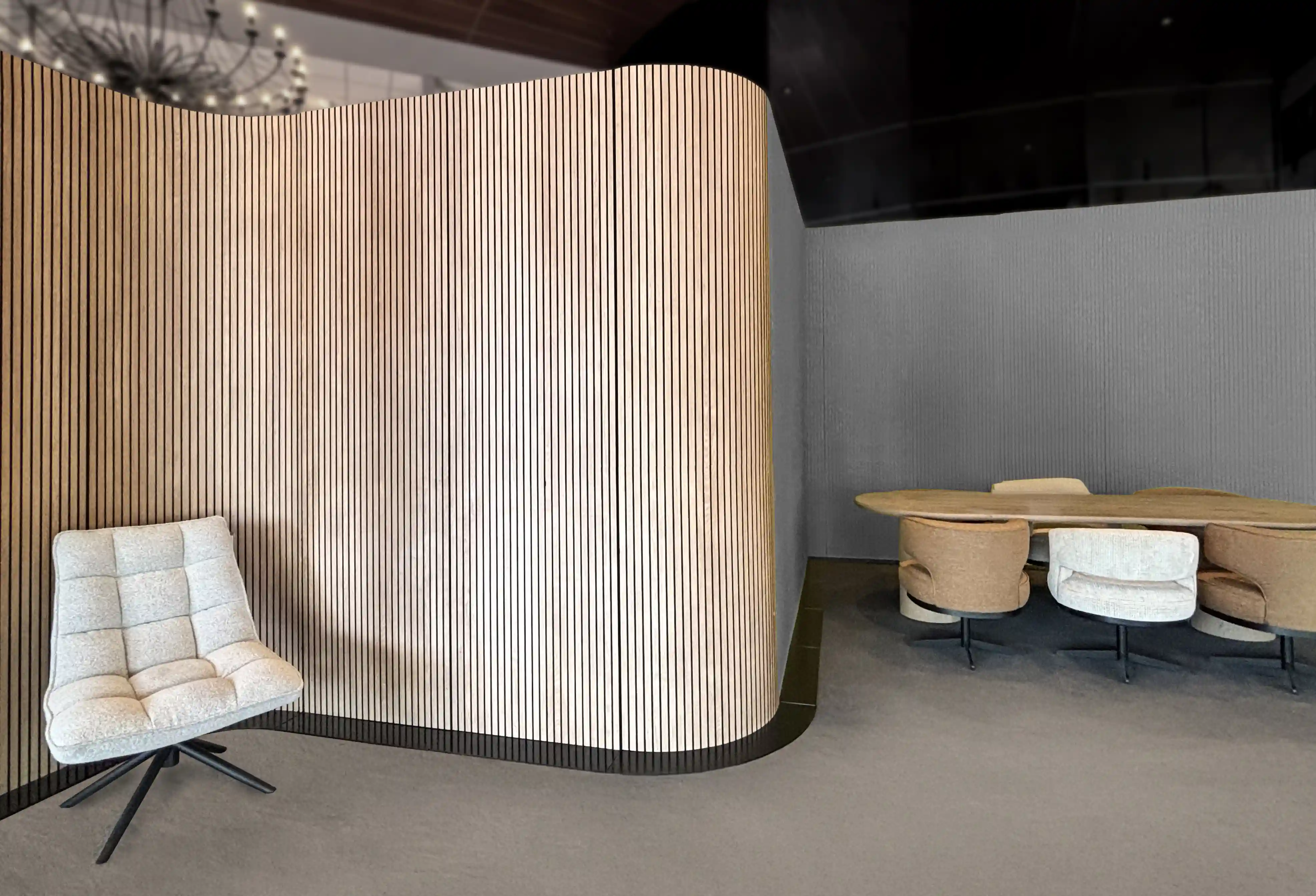 Gebogen houten akoestische wand