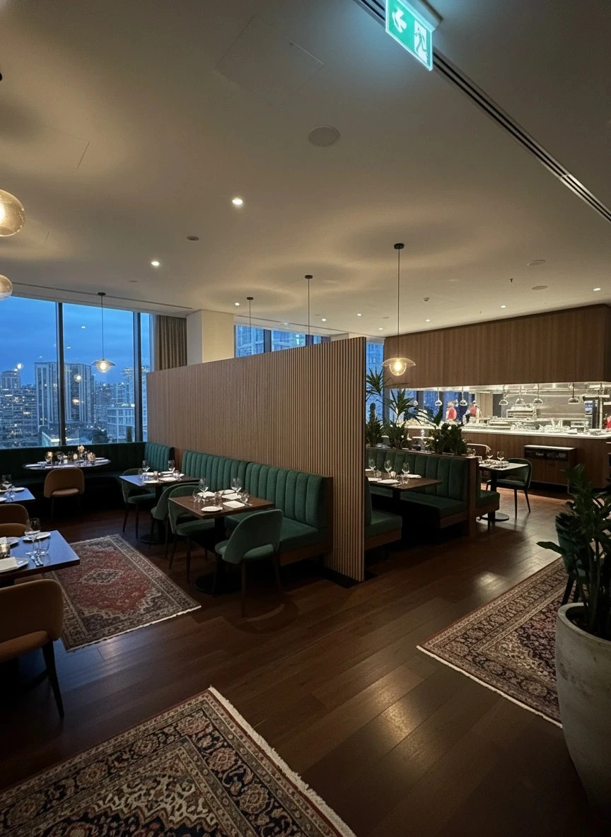 Flexpanel modulaire wanden delen een restaurant in stijlvolle eetzones voor meer rust en comfort.