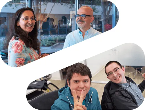 Diverse group of colleagues smiling in office and workspace settings