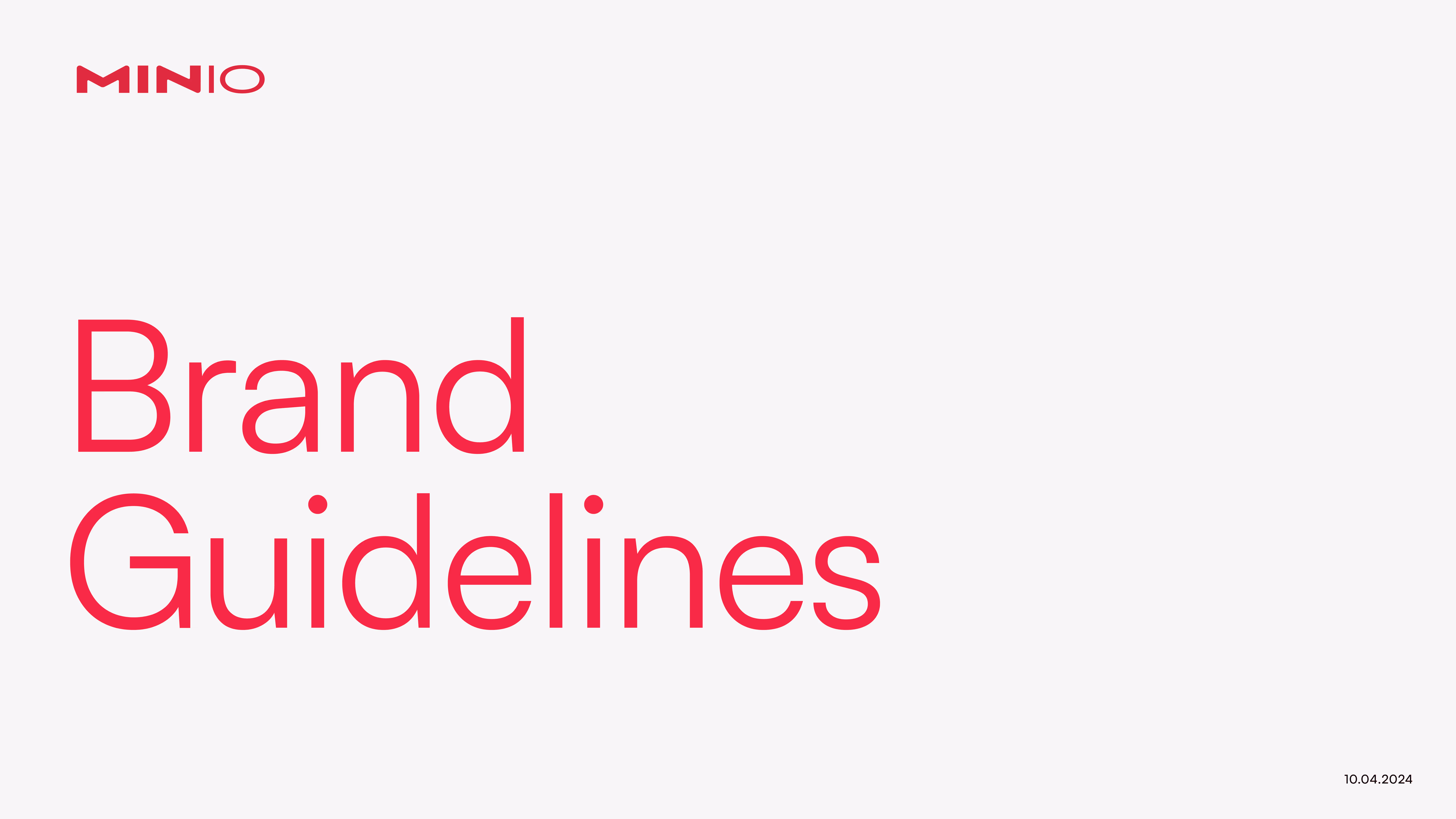 Minio Brand Guidelines title page in bold red typography