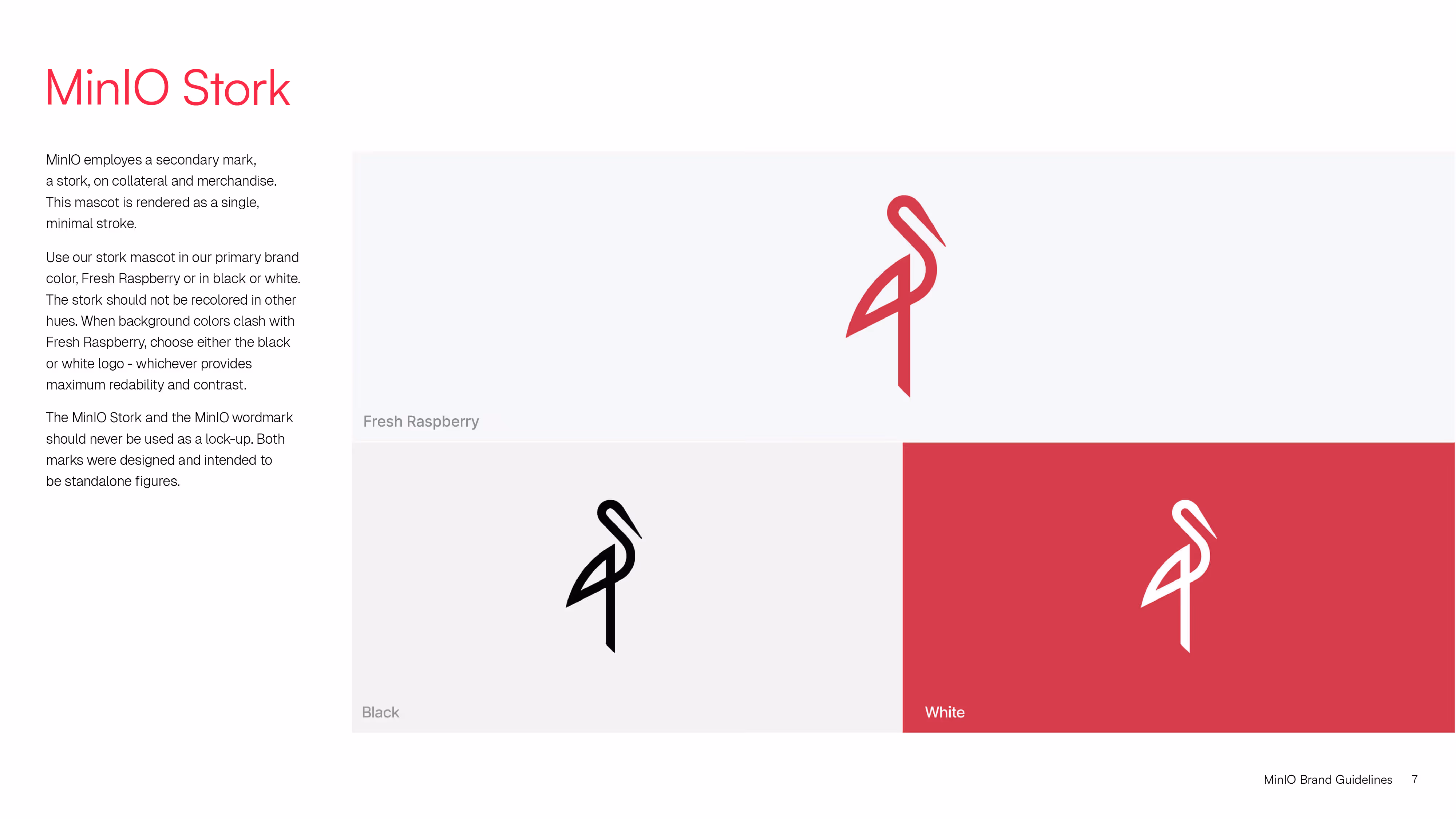 MinIO Stork logo variations in red, black, and white colors