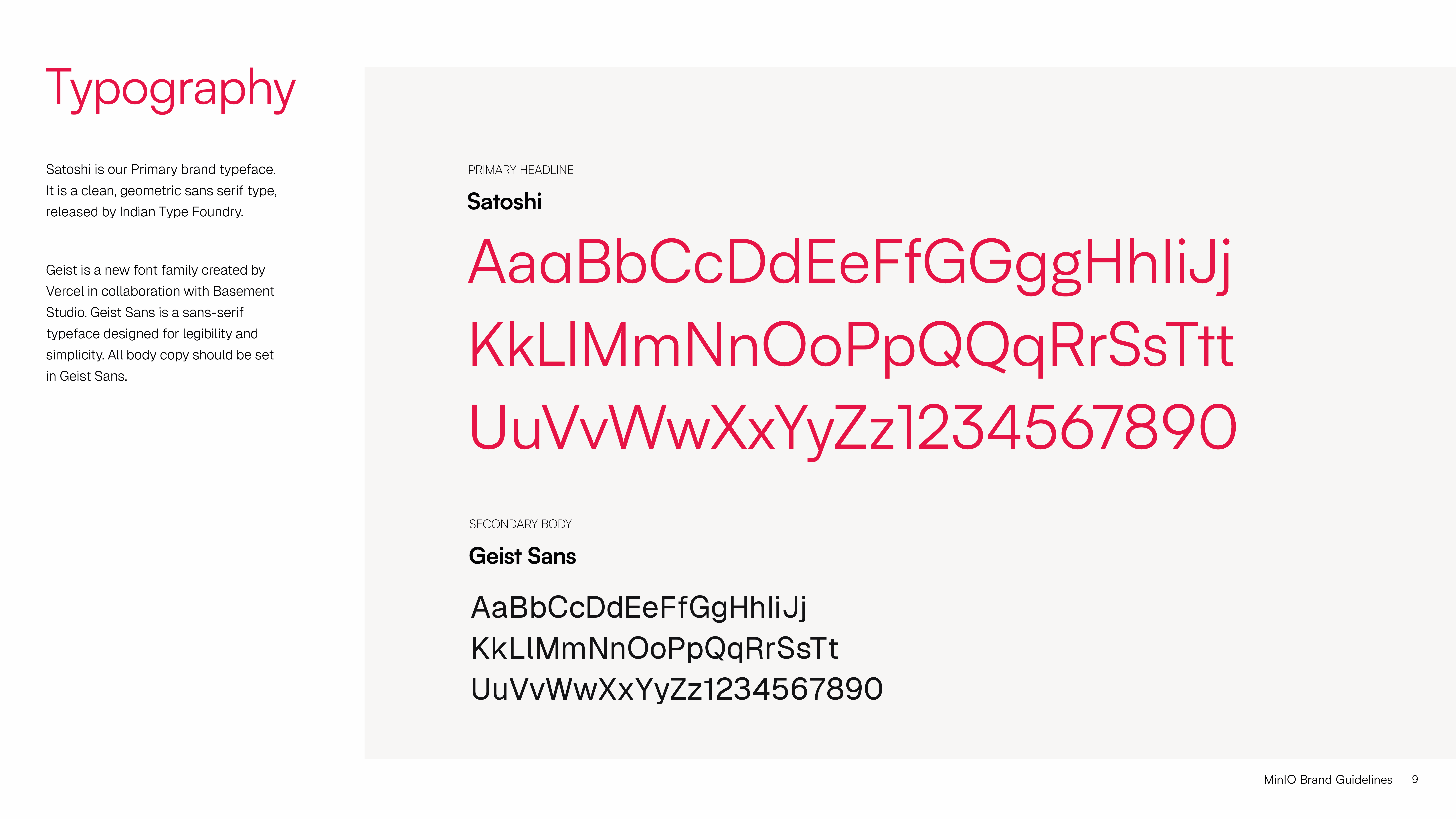 Typography showcase of Satoshi and Geist Sans typefaces with alphabets