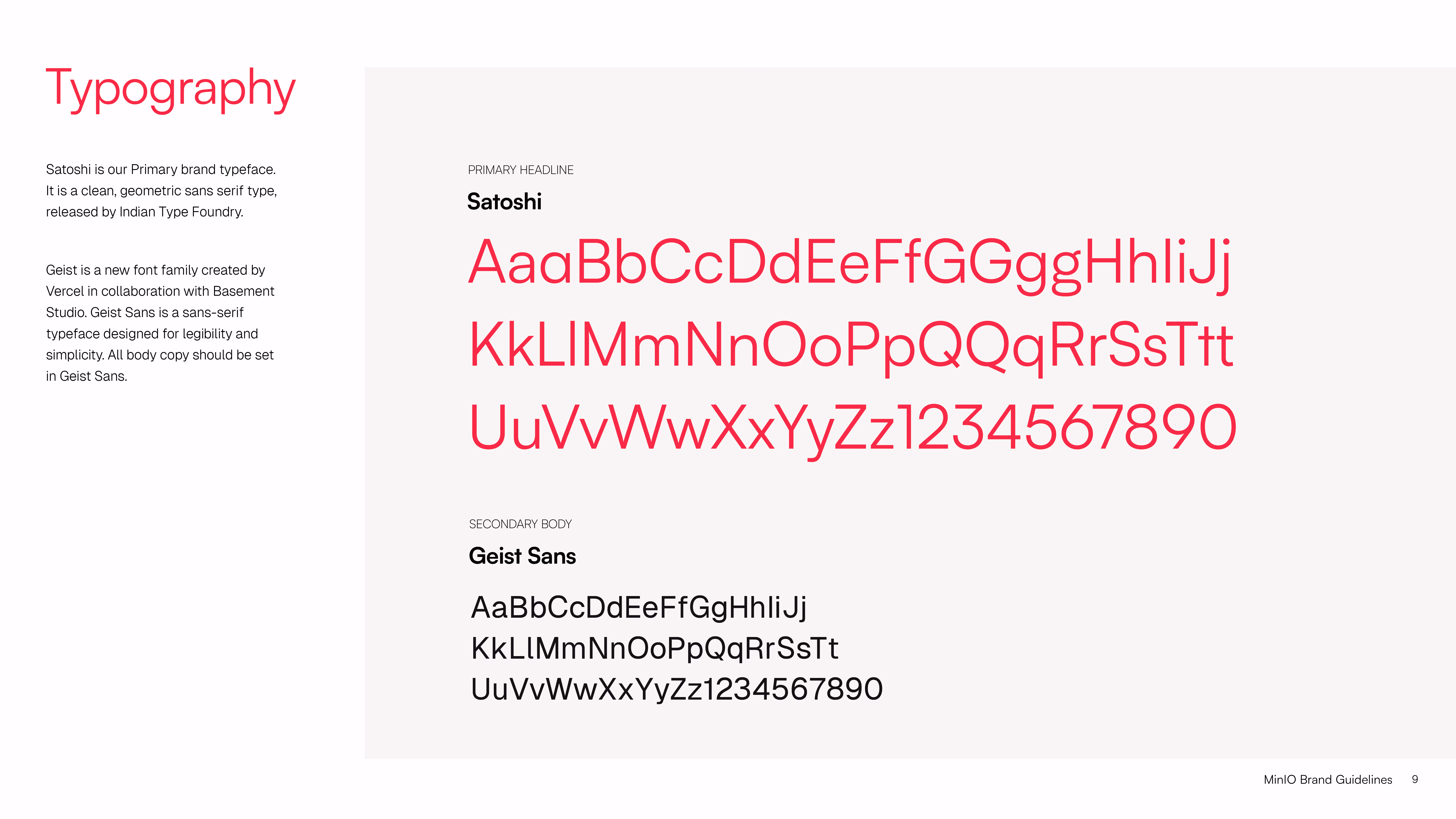 Typography showcase of Satoshi and Geist Sans typefaces with alphabets