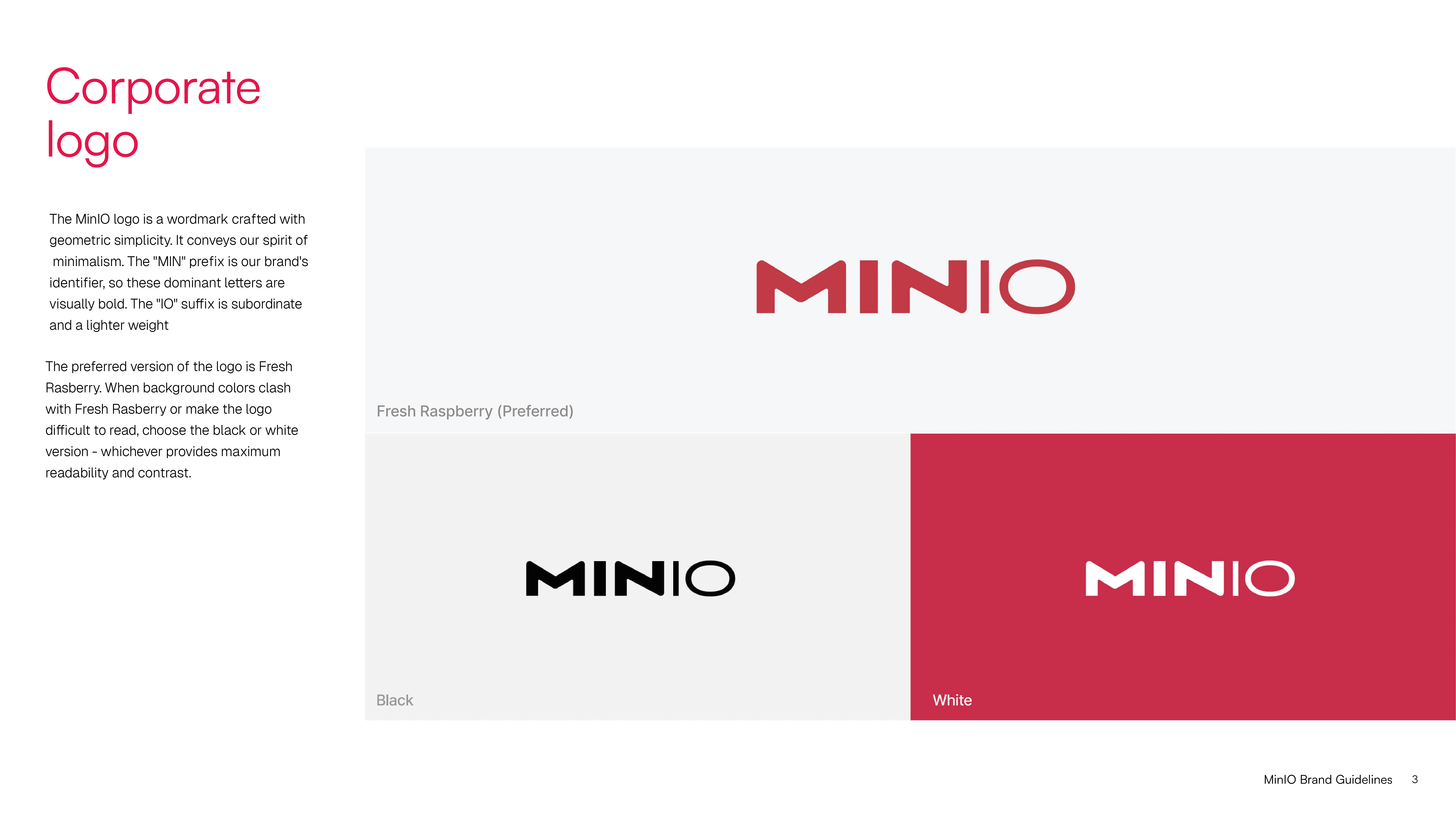 MINIO logo in red, black, and white with brand guidelines
