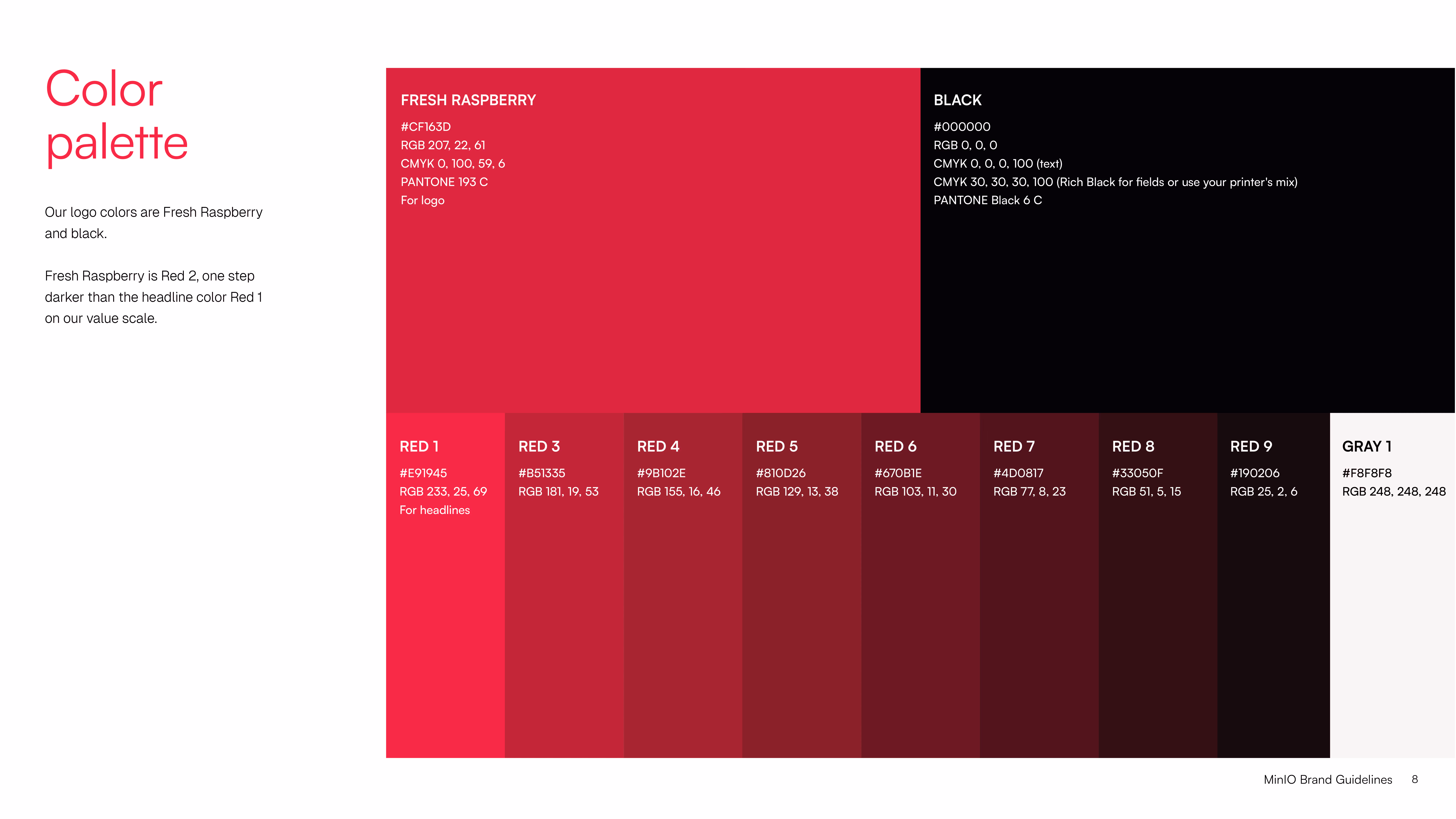 Color palette with Fresh Raspberry and black shades for brand guidelines