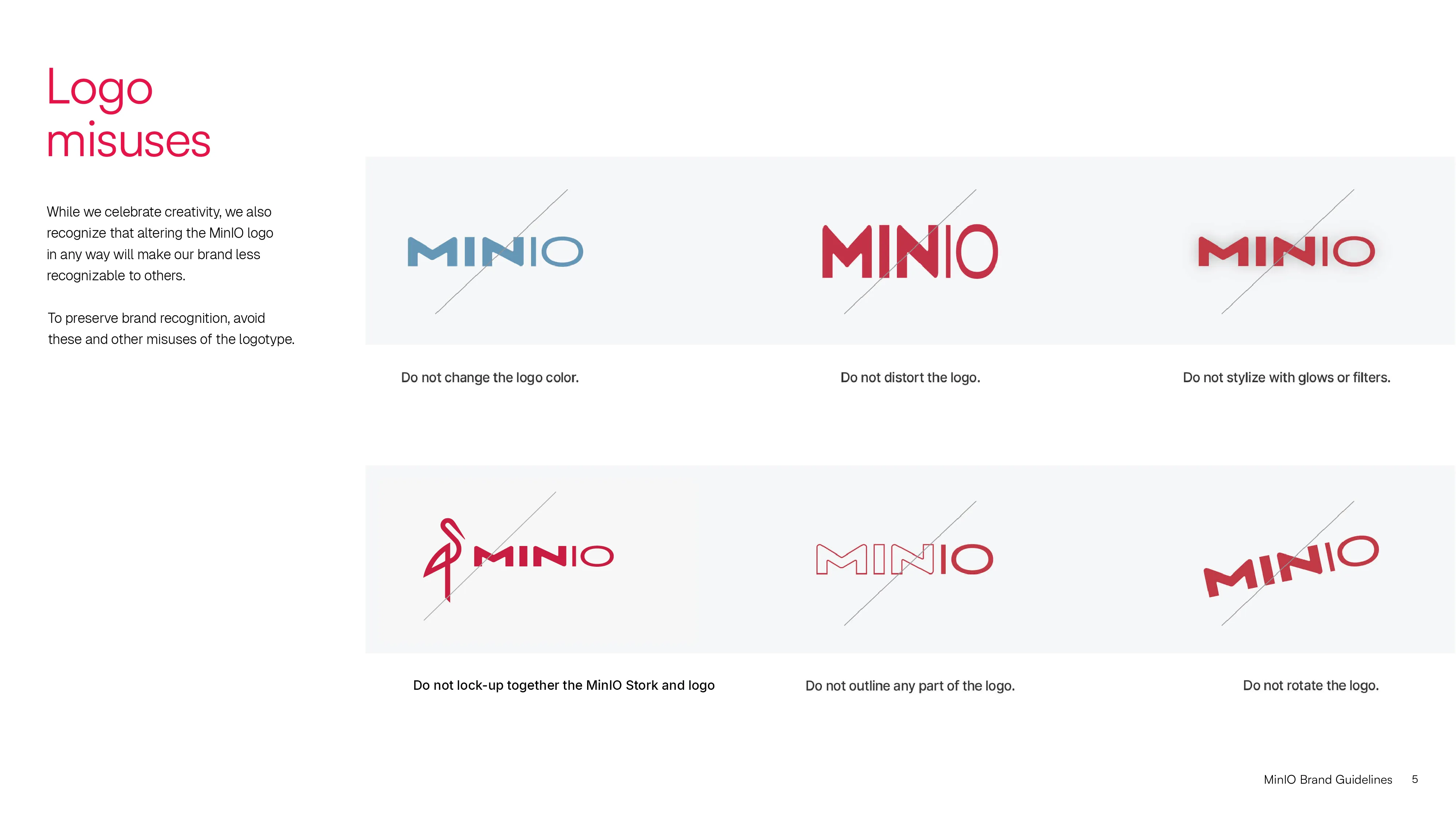 MinIO brand guidelines showing logo usage rules and incorrect logo variations
