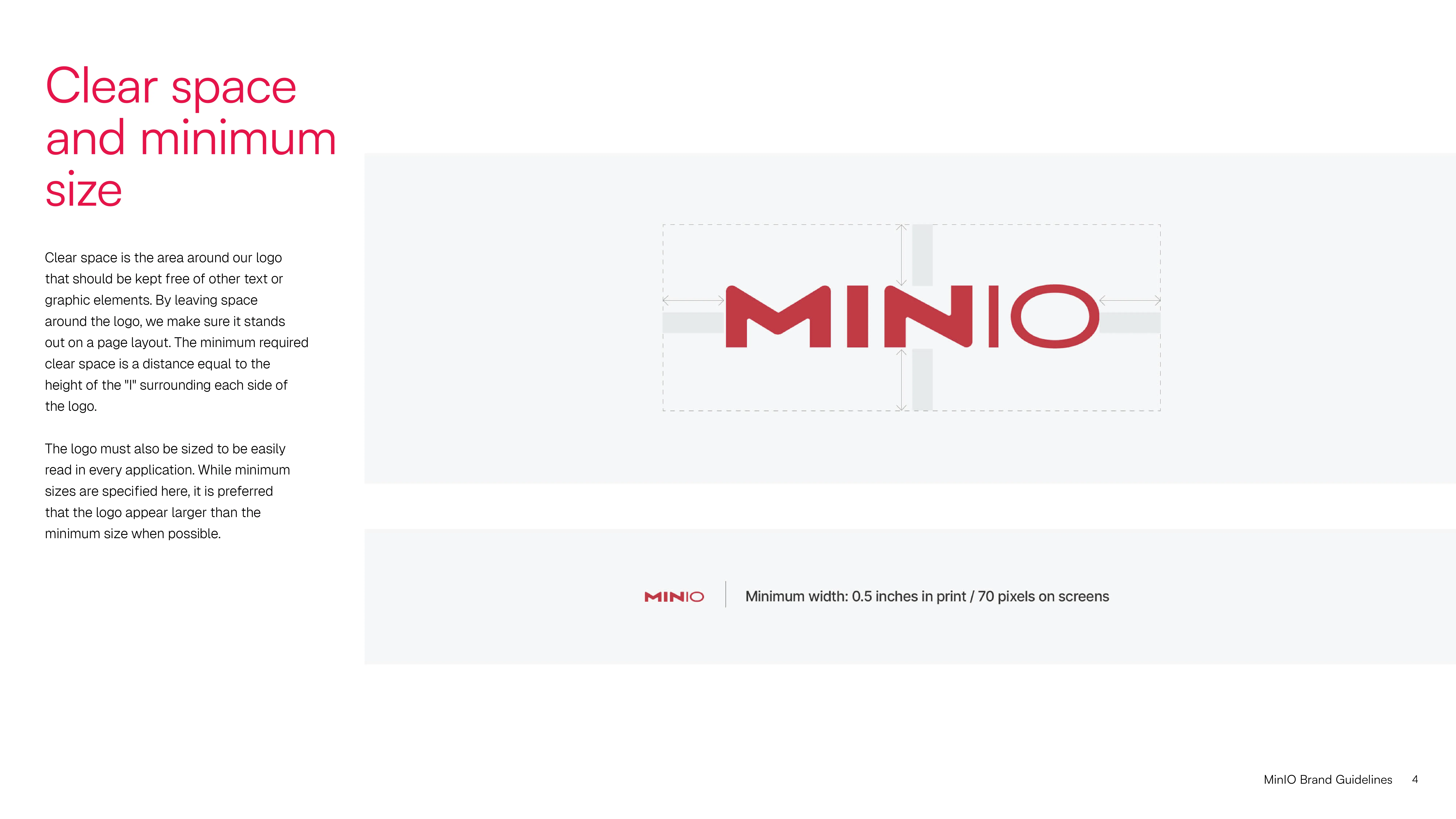 MINIO brand guidelines showing logo clear space and minimum size requirements