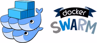 Docker Swarm logo with whale mascot and blue stacked containers