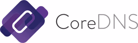 CoreDNS logo with purple geometric design and connected paperclip-like icon