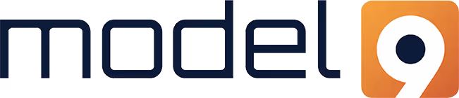 Model 9 logo with bold typography and an orange and blue color scheme