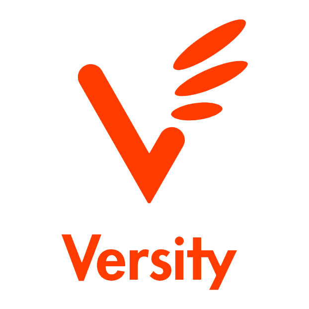 Versity logo with a V-shaped checkmark and floating oval shapes in orange