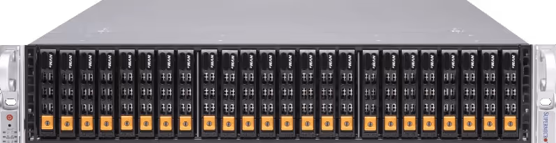 Rack-mounted data storage server with multiple black and orange drive bays