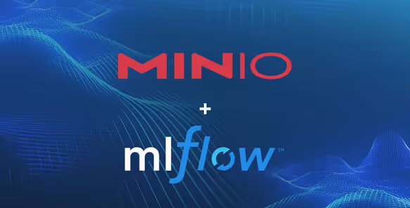 MINIO and mlflow logos on blue digital wave background