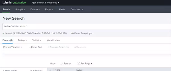 Splunk Enterprise search interface with new search panel and empty results
