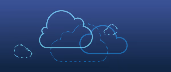 Blue stylized cloud computing network icons on dark background