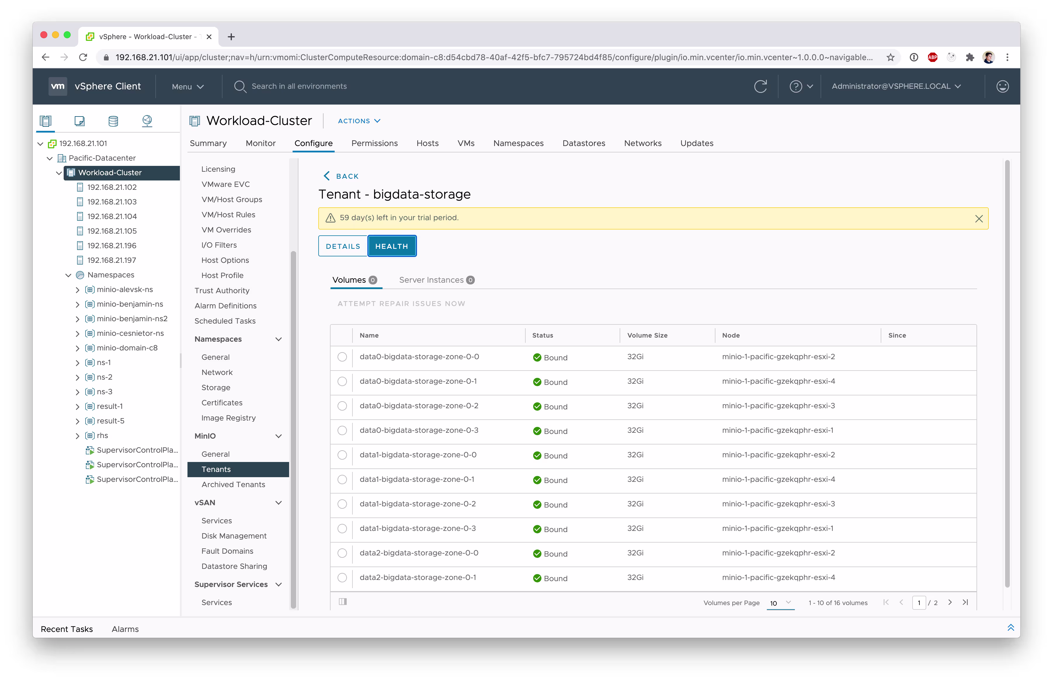 VMware vSphere Client showing tenant big data storage volumes configuration
