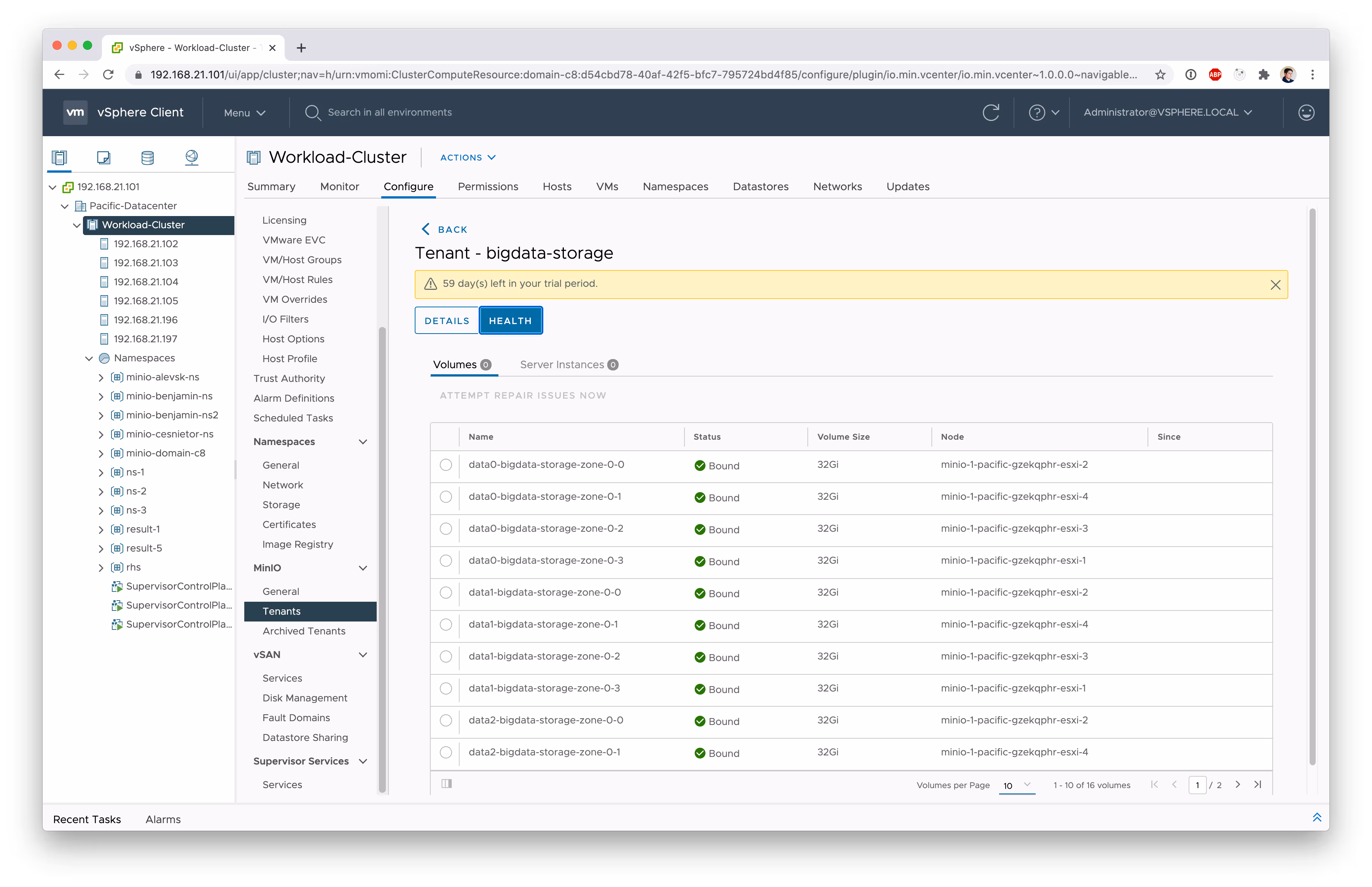 VMware vSphere Client showing tenant big data storage volumes configuration