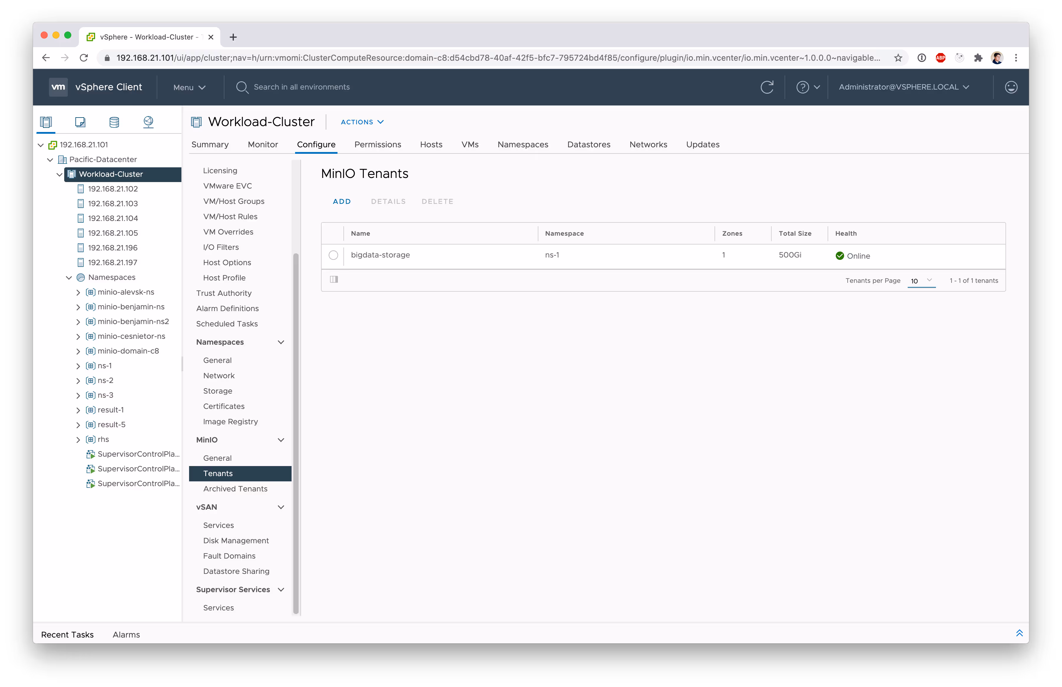 vSphere Client interface showing MinIO Tenants configuration screen