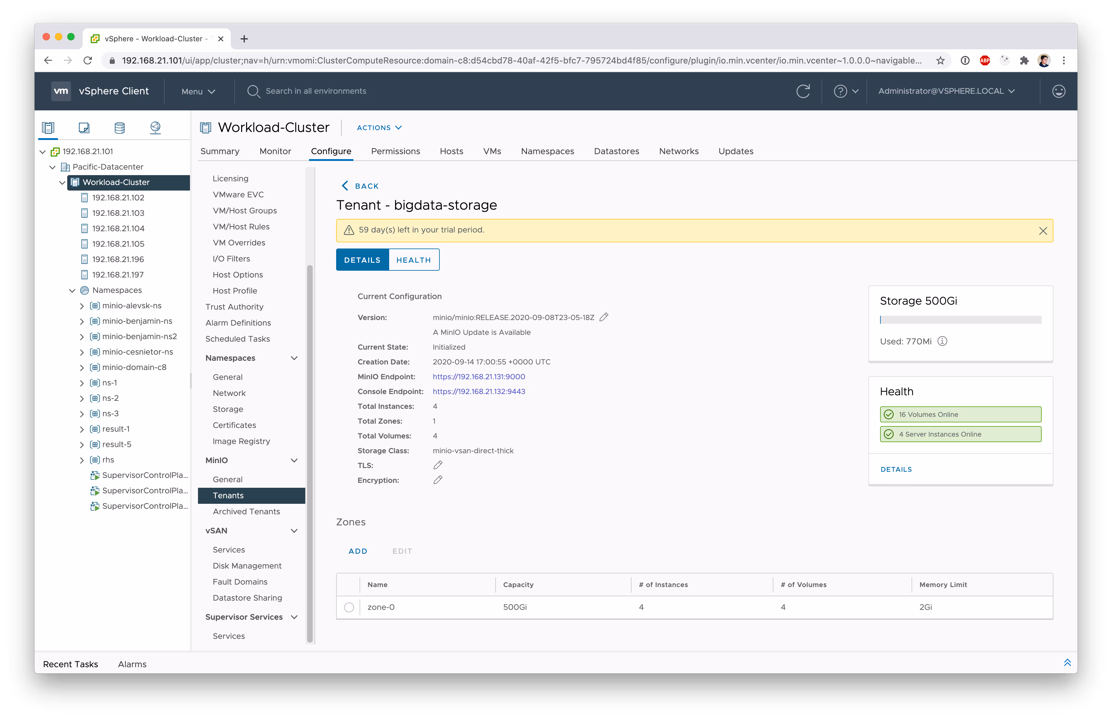 vSphere Client interface showing MinIO tenant storage configuration details