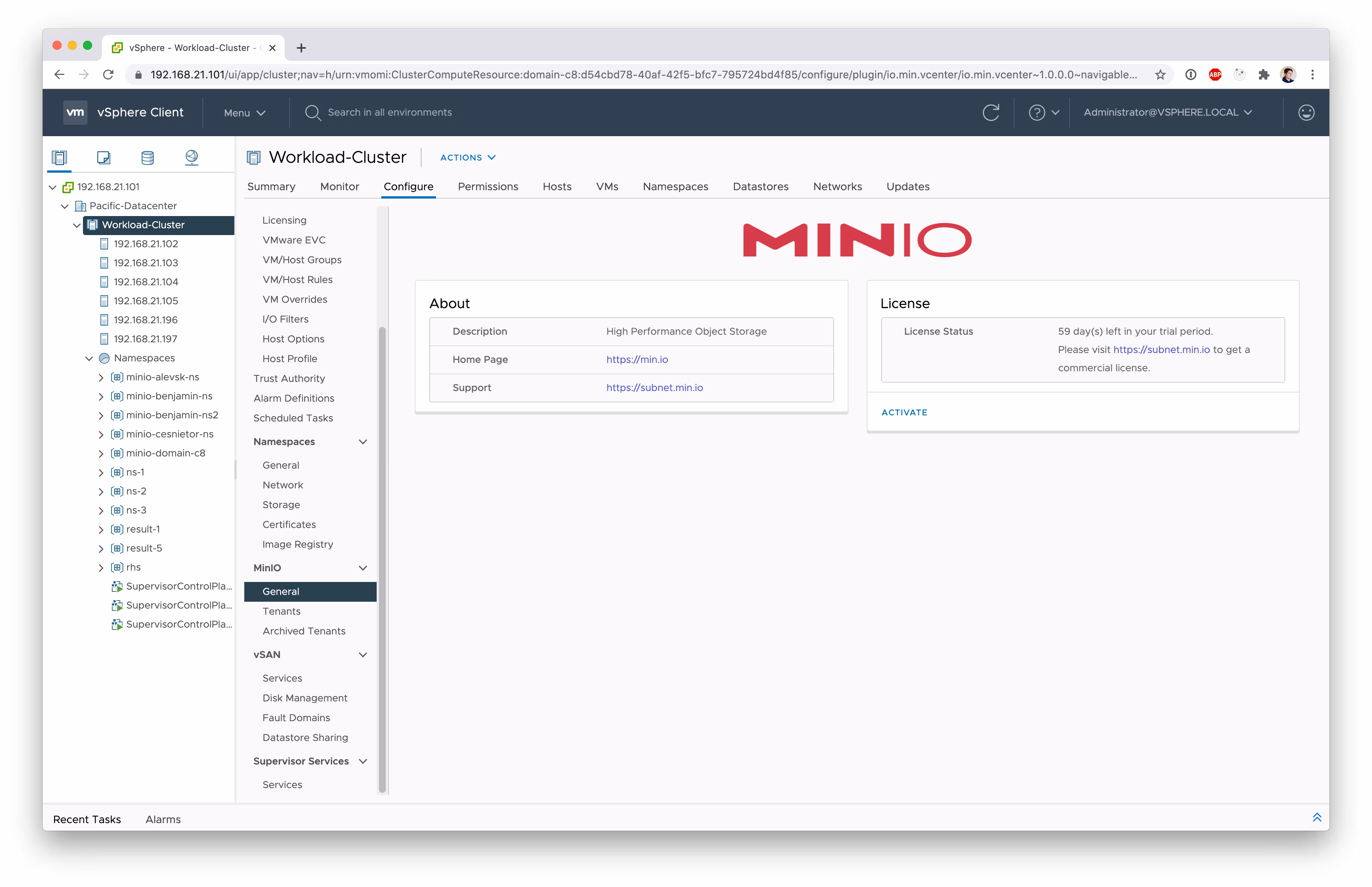 vSphere Client interface showing MinIO configuration and licensing details