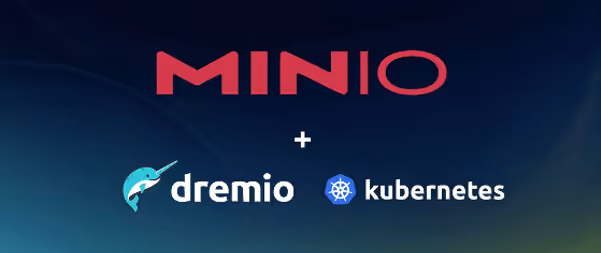 MinIO logo with Dremio and Kubernetes partner logos on dark background