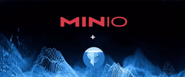 Minio logo with abstract blue digital landscape and technology symbol
