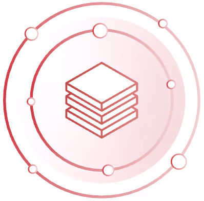Red geometric logo with stacked cube and circular orbital design