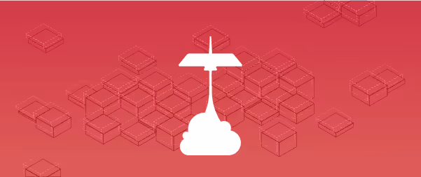 Cloud computing rocket launching among server blocks on red background