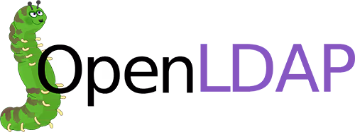 Green caterpillar mascot next to OpenLDAP logo in black and purple text