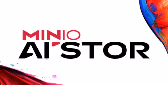 Minio Aistor logo with red and blue abstract graphic design elements