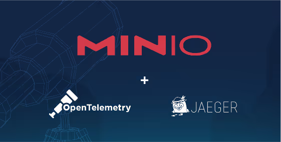 MinIO logo with OpenTelemetry and Jaeger logos on blue technology background