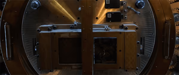 Metallic interior of a circular vault or heavy security door mechanism