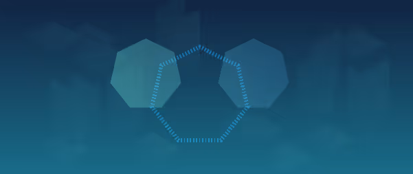 Blue geometric shapes connected by dotted lines on dark background