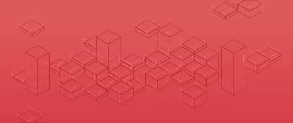 Isometric red wireframe cubes arranged in abstract geometric composition