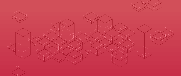 Isometric red wireframe cubes arranged in abstract geometric composition